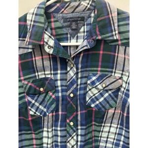 Tommy Hilfiger Womens Flannel Shirt Plaid Pearl Snap Western Small